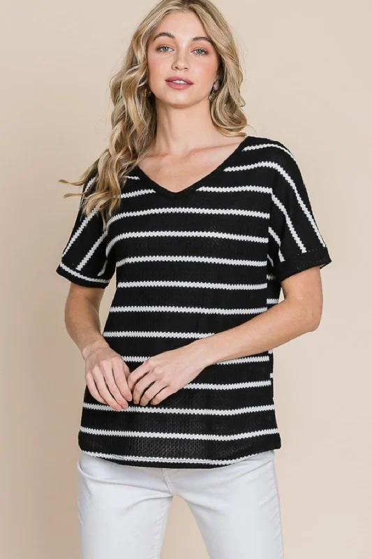 Stylish Everyday Clothing BOMBOM Simple Goals Waffle Knit Striped Tee