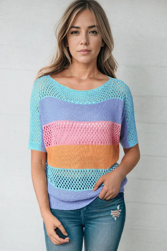 Season Sale Color Block Openwork Round Neck Pullover Sweater