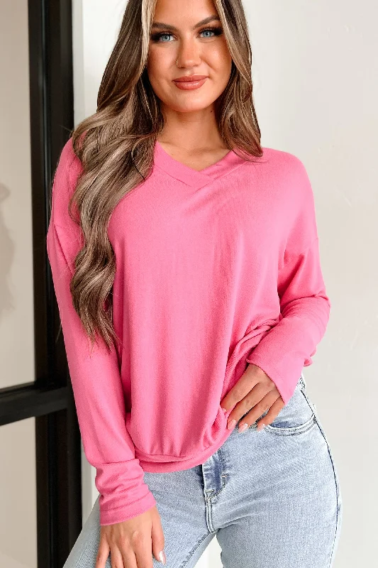 Women's Clothing Sale It Just Makes Sense Long Sleeve V-Neck Top (Fuchsia)