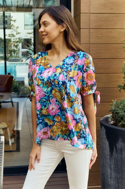 Everyday Basics Petal Dew Full Size Floral V-Neck Tie Detail Blouse