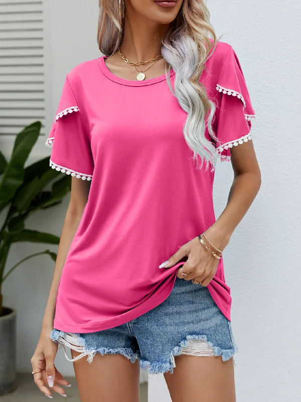 Outfits For Women Pom-Pom Trim Flutter Sleeve Round Neck Tee