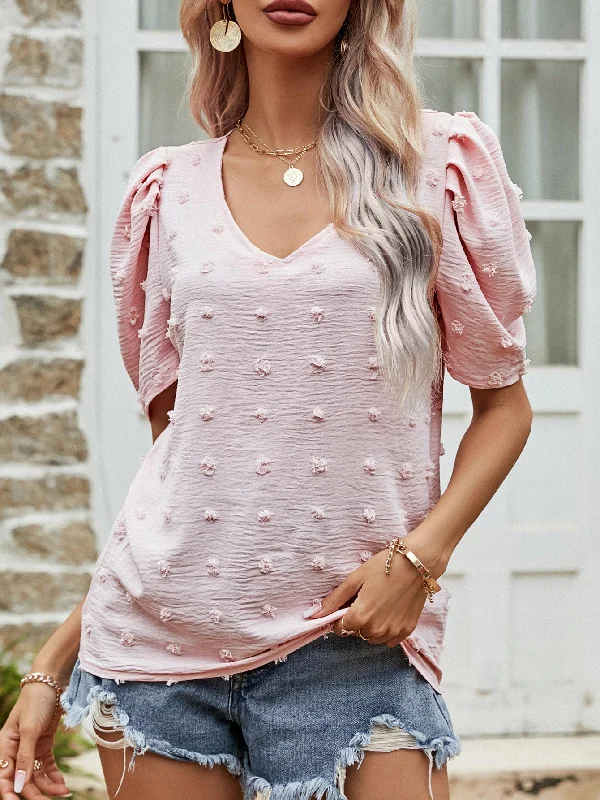 Casual Yet Stylish Separates Swiss Dot Short Puff Sleeve Top