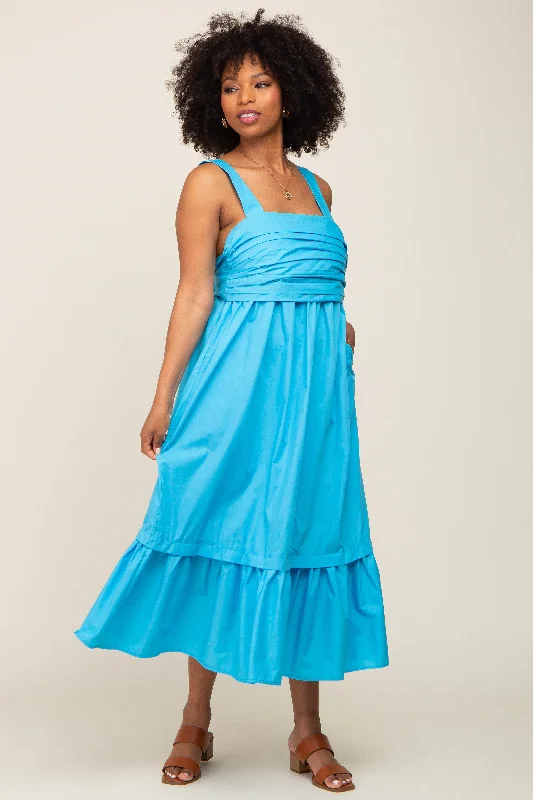 Luxe Women's Fashion Aqua Pleated Back Tie Midi Dress