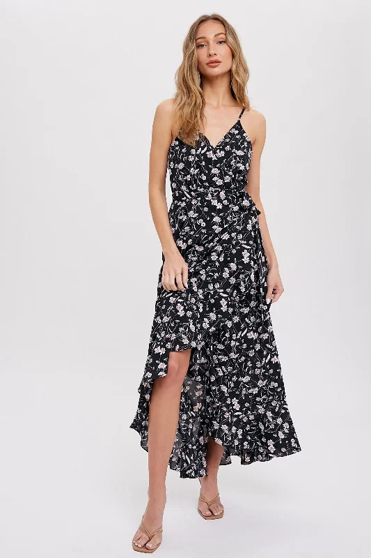 Fresh Styles, Fresh Deals Black Floral Flounce Hi-Lo Wrap Maxi Dress