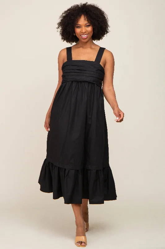 Trendy Boutiques Online Black Pleated Back Tie Midi Dress