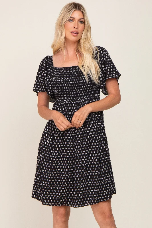 Flash Sale, Don't Miss Black Printed Smocked Flutter Sleeve Dress