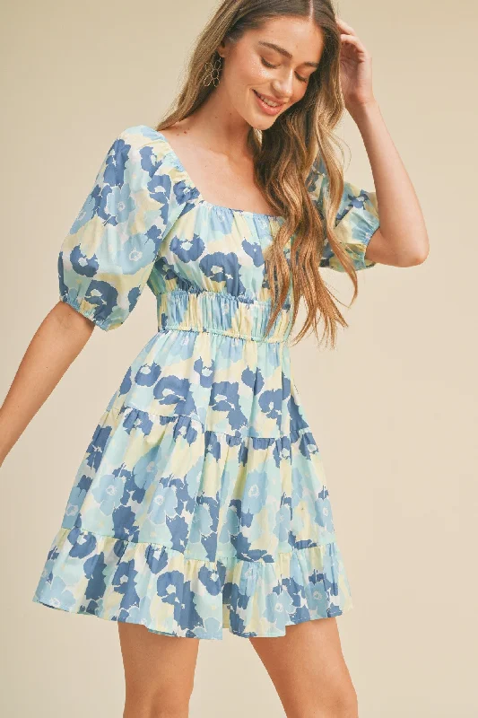 Woman Clothing Blue Floral Print Tiered Mini Dress