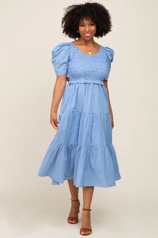 Fashion For Every Occasion Blue Smocked Tiered Ruffle Midi Dress