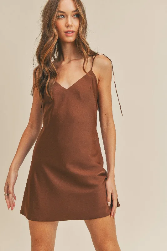 Fashion Frontiers Brown Satin Cami Tie Strap Mini Dress