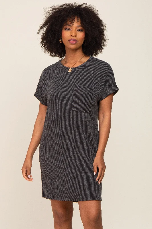 Trendy Pulse Charcoal Ribbed Front Pocket Dolman Short Sleeve Dress