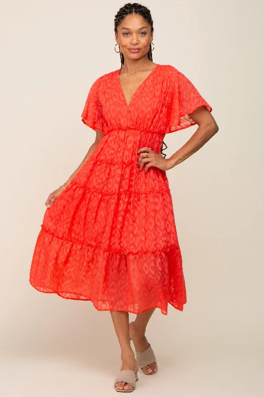 Versatile Style Wardrobe Coral Chiffon Animal Print Tiered Midi Dress