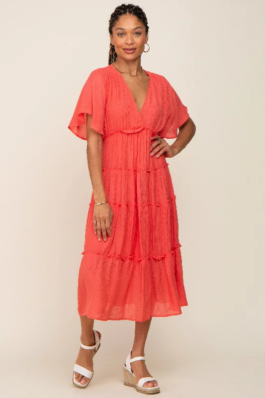 Chic Style, Always In Vogue Coral Ruffle Tiered V-Neck Midi Dress