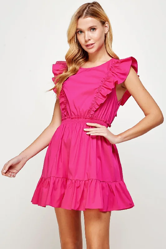 Affordable Women's Fashion Fuchsia Back Tie Detail Ruffled Sleeveless Mini Dress