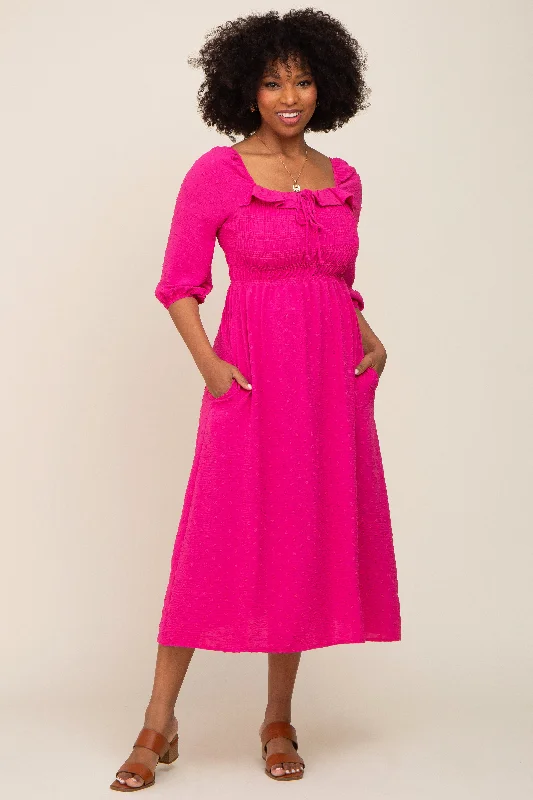 High-End Women's Apparel Fuchsia Swiss Dot 3/4 Sleeve Midi Dress