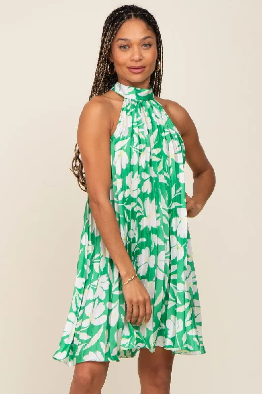 Style Beyond Borders Green Floral Pleated Mock Neck Dress