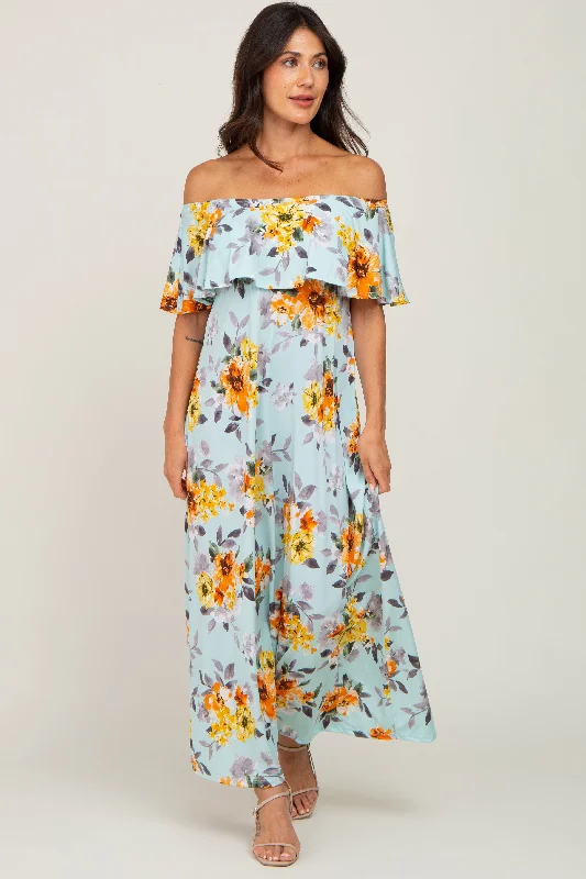 Premium Style Light Blue Floral Off Shoulder Maxi Dress