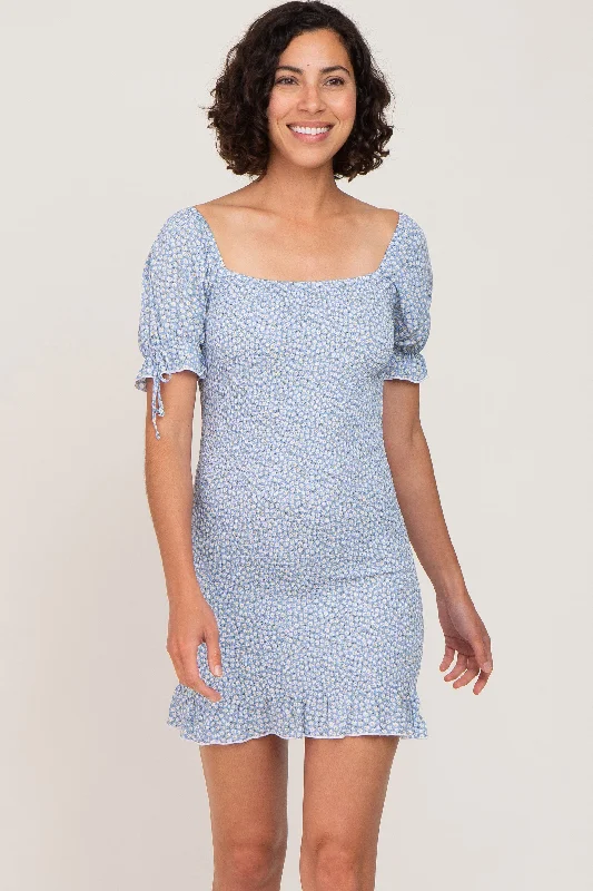 Fashionista Favorites Light Blue Floral Smocked Short Puff Sleeve Mini Dress