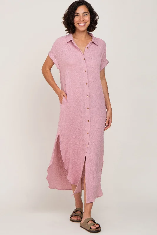 Comfortable Clothes Light Pink Button Down Midi Dress