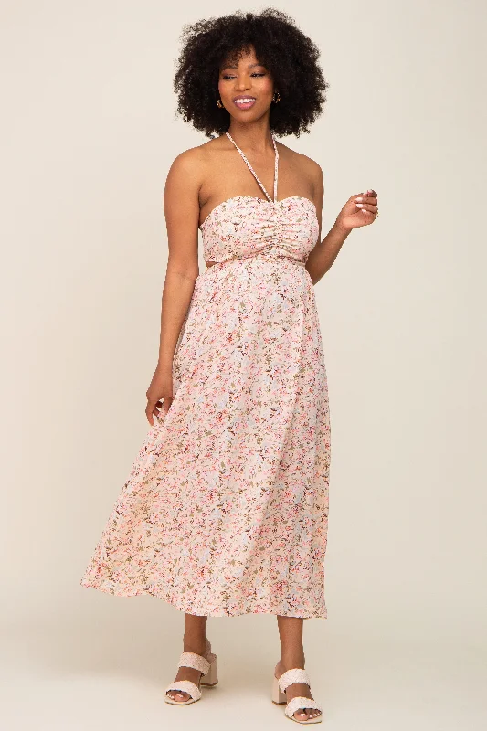 Chic Outfits Light Pink Floral Halter Tie Open Back Midi Dress