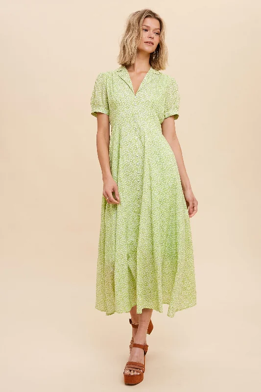 Elegant Style Lime Collared Button Down Midi Dress