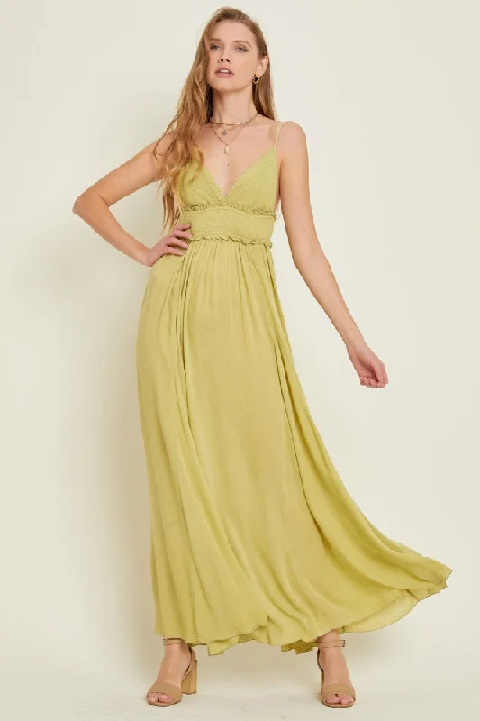 Women's Clothing Boutique Lime Gauze Maxi Flare Dress