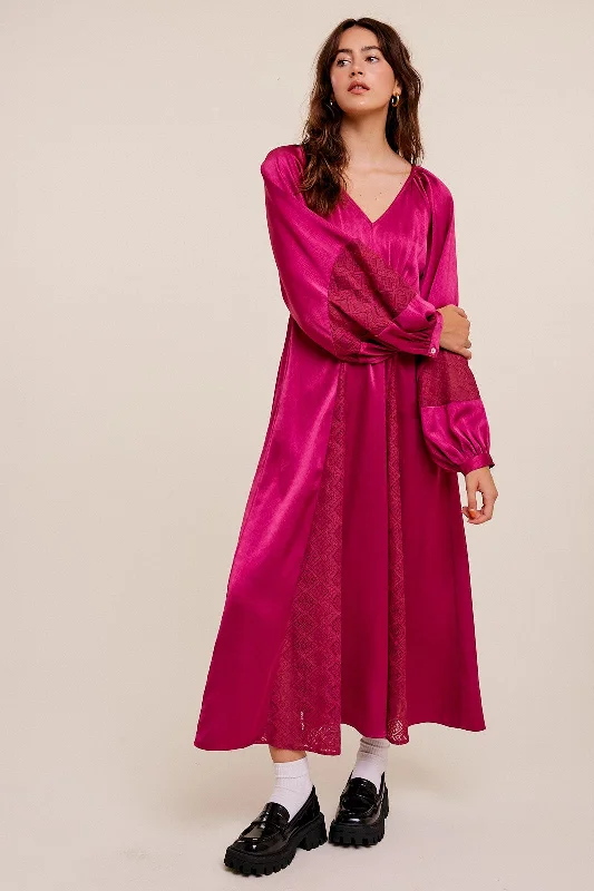 Chic Trends For The Fashion Savvy Magenta V-Neck Pleated Maxi Dress With Lace Detailing