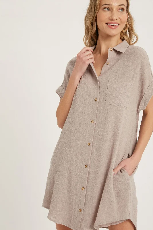 Relaxed Fashion Mocha Button Up Shirt Dress With Pocket