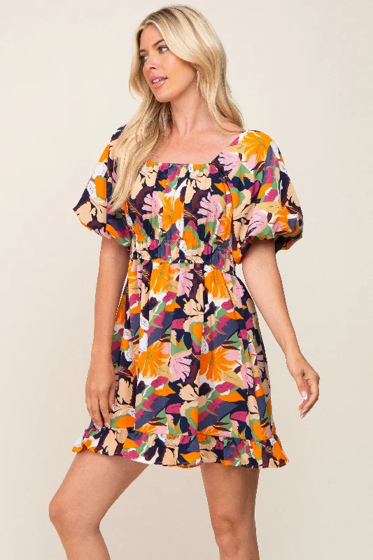 Holiday Special Offers Multicolor Floral Pint Puff Sleeve Dress