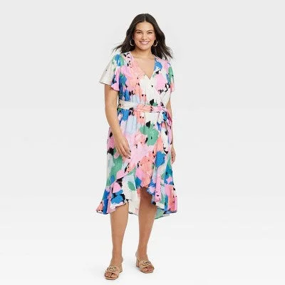 Colorful Clothing New - Women's Flutter Short Sleeve Midi Wrap Dress - Ava & Viv Abstract Floral 2X