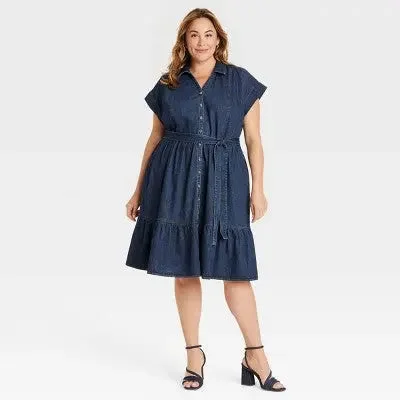 Casual Chic New - Women's Short Sleeve Denim Tiered Midi A-Line Dress - Ava & Viv