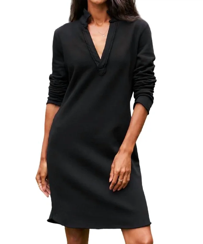 Laid-Back Elegance Nicole Henley Dress In Triple Fleece Black