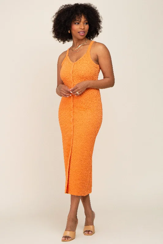 Comfort Centric Apparel Orange Waffle Knit Snap Front Button Midi Dress