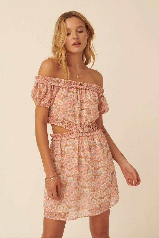 Trendy Street Style Clothing Peach Floral Off-Shoulder Ruffle Side Cutout Mini Dress