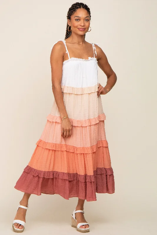 Chic Trends Unveiled Peach Ombre Ruffle Tiered Shoulder Tie Midi Dress