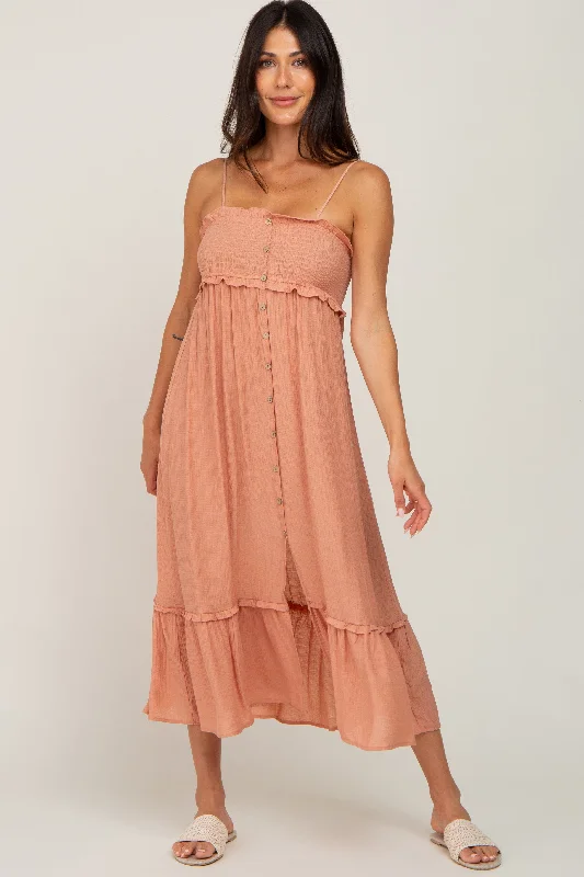 Sophisticated Fashion Peach Smocked Button Accent Midi Dress