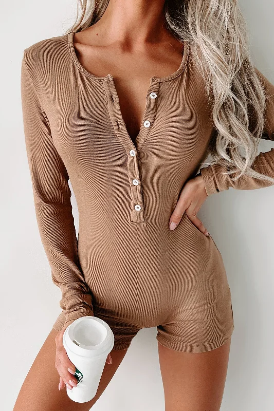 Boutique Dress Online Rest Assured Long Sleeve Bodycon Romper (Mocha)