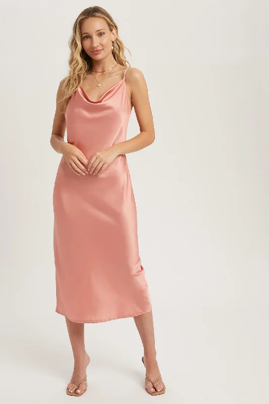 Classic Women's Clothing Styles Rose Satin Cowl Neck Midi Slip Dress