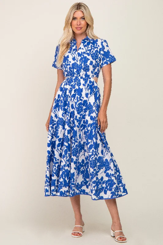 Fashion Essentials Royal Blue Floral Collared Short Sleeve Side Cutout Midi Dress