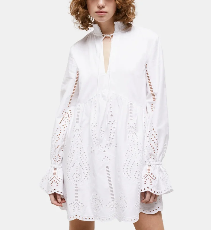 Clothes Women Short White Dress With Broderie Anglaise