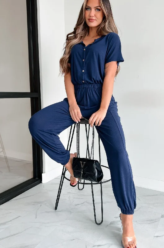 Casual Women's Clothing Online Taking The Easy Route Short Sleeve Button Detail Jumpsuit (Dark Navy)