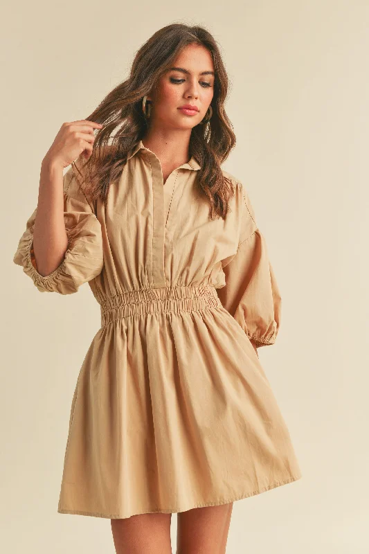 Relaxed Style Taupe Elastic Band Waist Shift Dress