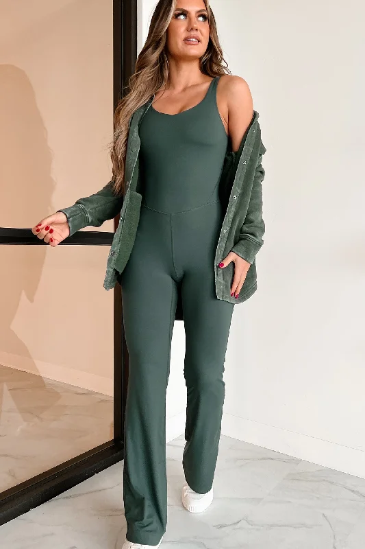 High End Fashion Total Motivation Flared Jumpsuit (Smoked Spruce)