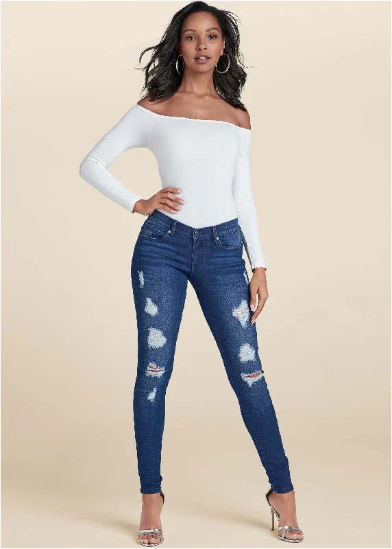 Elegant Fashion Ripped Skinny Jeans - Dark Wash