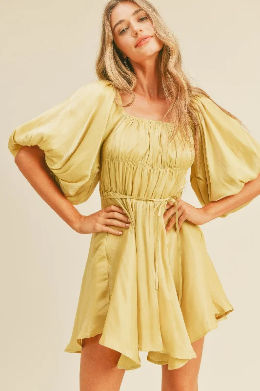 Women's Clothing Sale Online Yellow Metallic Bubble Sleeve Flared Mini Dress