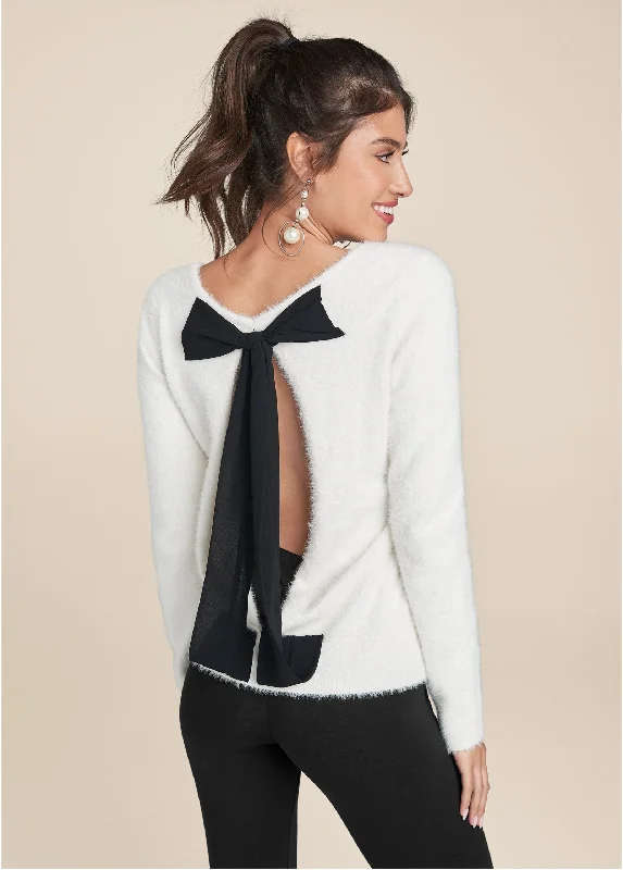 Evening Elegance Bow Detail Open Back Sweater - Off White