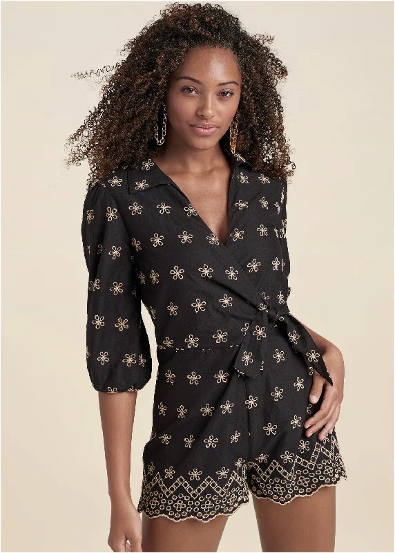 Online Shopping Boutiques Eyelet Wrap Tie Romper - Black & Taupe