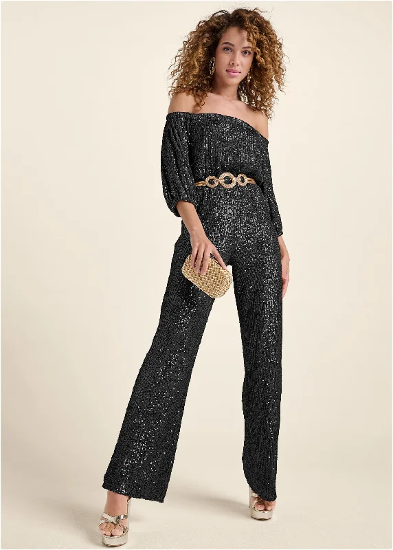 Save Big Off-Shoulder Sequin Jumpsuit - Black