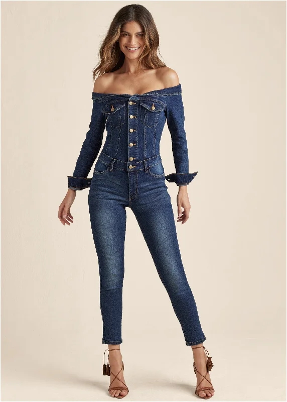 Must-Have Styles Off-The-Shoulder Denim Jumpsuit - Dark Wash