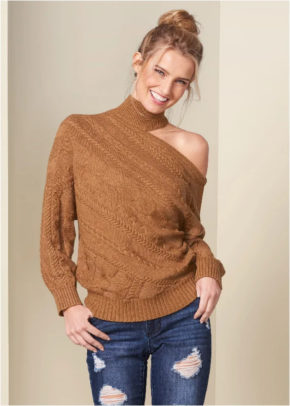 Trendy Styles One-Shoulder Turtleneck Sweater - Brown