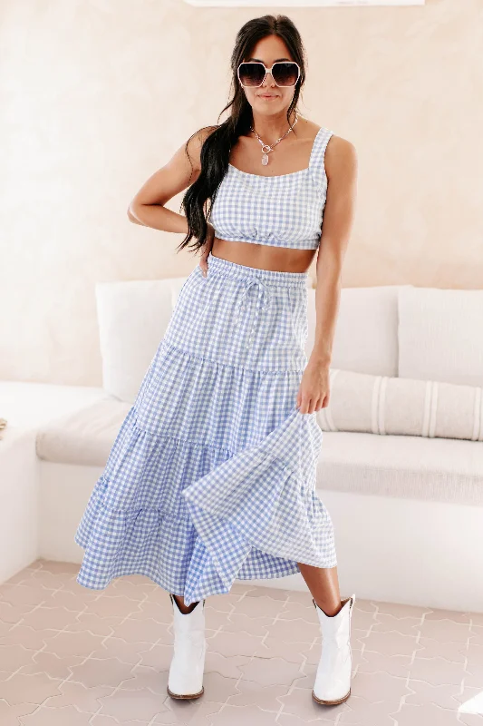 Women's Clothing Brands A Little Bit Sweet Gingham Two-Piece Set (Blue)